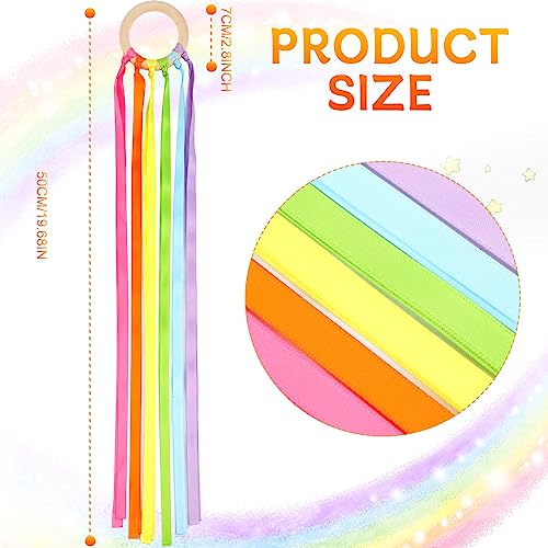 Image of Junkin Ribbon Rings Hand Kite Waldorf Toys Dancing Wrist Ribbons Rainbow Streamers with Wood Ring Educational Toy for Playroom Dancing Birthday Party Gift(Fresh,24 Pcs)