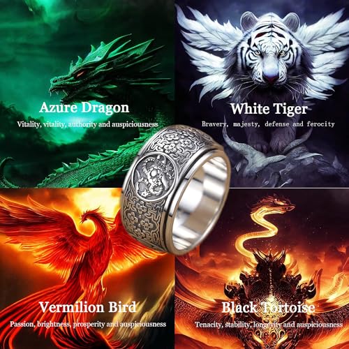 Feng Shui Ring, 925 Sterling Silver Four Symbols Lucky Ring- Stress Relief, Luck & Wealth Protection Amulet, Neo Chinese Style Chinese Ancient 4 Guardian Beasts Rings3