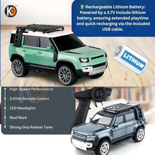 Image of K D Premium Defender Rover Model Remote Control Car - 1:16 Scale Rechargeable High-Speed Off-Road RC Car with LED Lights | 4 Channel Racing Car Toy for Kids (Boys & Girls Age 3+) Green