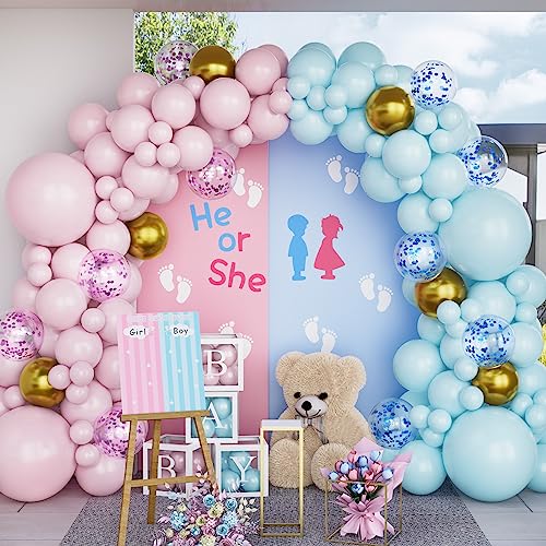 Kit Arco balões rosa e azuis, 123 balões de látex balões revelação género bebé azul rosa confete hélio com ouro metálico para crianças festa de aniversário Baby Shower batismo casamento solteira decoração