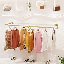 47L Industrial Pipe Clothing Rack for Hanging Clothes, Wall Mounted Heavy Duty Space Saving Garment Rack for Closet Storage, Clothes Hanging Rod Bar Gold, 3 Base
