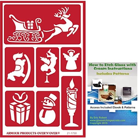 Glass Etching Secrets Christmas Sleigh & Icon Reusable Stencils: + Candle, Snowman, Present, Toy Stencil Designs + How to Etch eBook Cover