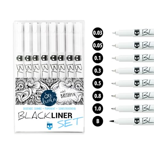 SKULLPAPER® set Blackliner - nero 8 pezzi incl. penna a spazzola - permanente altamente pigmentata ad asciugatura rapida opaca resistente alla luce