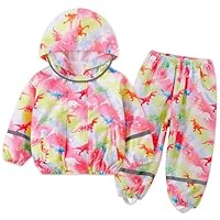 FILOWA Baby Girls Waterproof Suit Kids Hooded Raincoat Lightweight Waterproof Jacket and Trouser Set Pink Dinosaue Print Breathable Rain Coat & Pants with Zip Rainwear Rain Suit for Toddler 1-2 Years