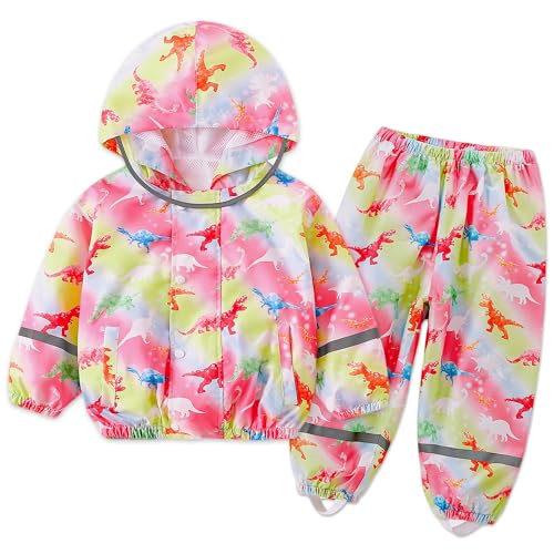 FILOWA Regnjacka Vattentät Pojke Flicka Regnjacka & Byxor Kostym Med Huva Och Reflekterande Djurtryck Regndräkt Regndräkt Lätt Set Barnrockar Regnkläder Barn 1-7 år, Rosa dinosaurie, 1-2 años