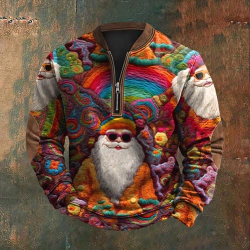 Mens Santa Claus Pullover Sweatshirt Funny Christmas Print Shirt Long Sleeve Quarter Zip Xmas Tops Casual Holiday Tee2
