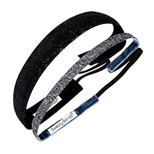 Sweaty Bands Womens Girls Headband - Non-Slip Velvet-Lined Sparkly Fitness Hairband - 2-Pack Viva Diva Black 1-Inch and Viva Diva Gunmetal 3/8-Inch