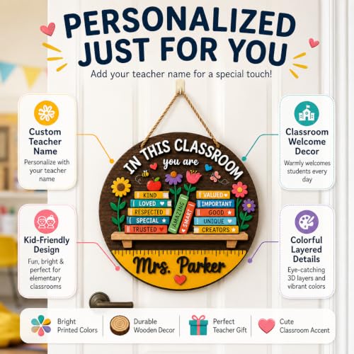 FAMITRENDZ Custom Teacher Door Sign with Teacher's Name, Personalized Door Hanger Classroom Welcome Wreath, Classroom Decor Signs, Teacher Appreciation Christmas Back To School Gifts for Teachers 6 - Image 2