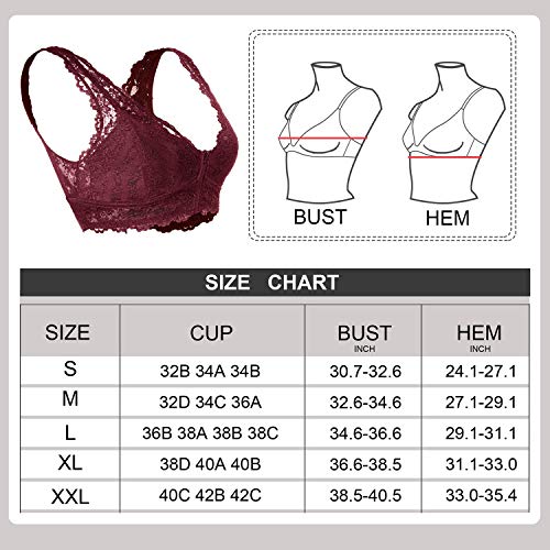Rolewpy Floral Lace Bralette for Women, Zipper Wireless Bra Lingerie with Removable Padded Halter Crop Top (Burgandy, XL (40B 40C 40D))