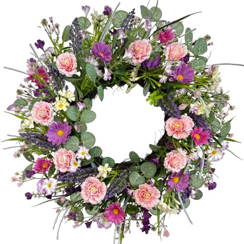 Lslefu 20 Inch Spring Summer Floral Wreaths for Front Door, Colorful Wreath with Eucalyptus & Boxwood, Pink Camellia, Purple Daisy, Lavender for Indoor Outdoor Porch Wall Window Wedding Home Decor