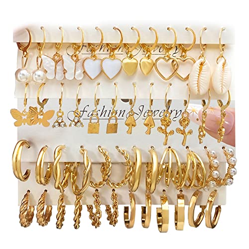 IFKM 24 Pairs Gold Hoop Earrings Set For Women Hypoallergenic Chunky Chain Twisted Open Hoops Dangle Earring Packs For Birthday Party Christmas Fashion Jewelry Gift