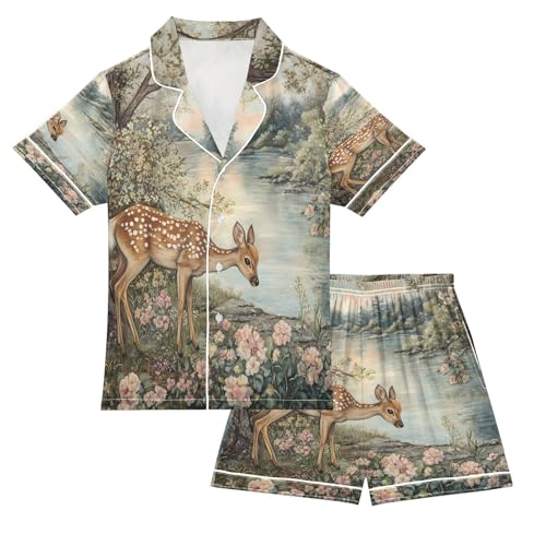 ALAZA Watercolor Deer Blossom Flower Art Satin Pajamas Set Short Sleeve Button Down Sleepwear Summer Pjs 2 Piece