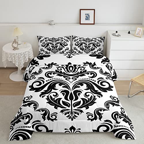 Baroque Damask Comforter Queen Black White Gothic Boho Floral Bedding Set For Boys Girls Adults Abstract Geometric Flowers Comforter Set,European Victorian Style Quilt Duvet 2 Pillow Cases
