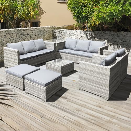 Oseasons Malta Rattan 10 Seat U-Shape Set in Dove Grey with 2 Footstools - Outdoor Patio Furniture, Weather Resistant Modular Rattan Lounge Set with Cushions