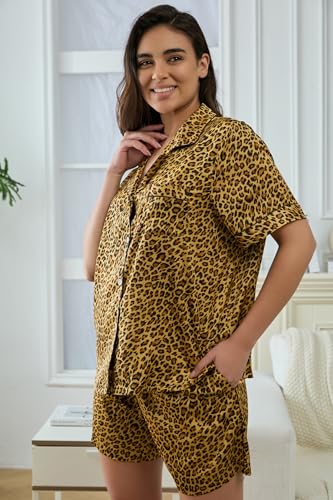 Image of YiNi LuLu Womens Silk Satin Shorts Pajamas Set Button Down 2 Piece Pjs Short Sleeve Oversized Sleepwear with Pockets