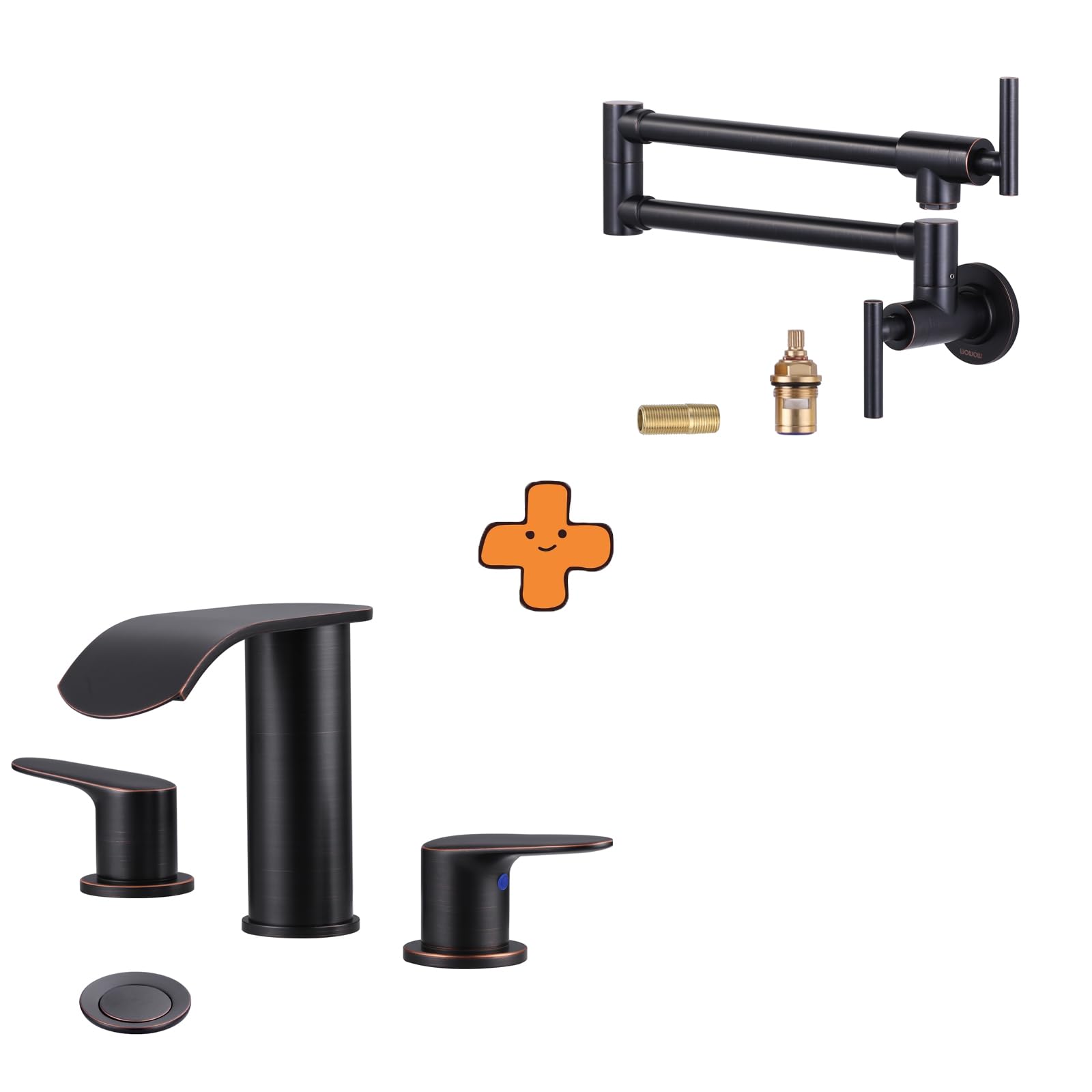 Jnfidosr Bronze Oiled Rubbed Waterfall Bathroom Faucet 3 Holes 8Inch Widespread Bathroom Sink Faucet And Pot Filler Faucet Oil-Rubbed Commercial Wall Mount Stove Faucet