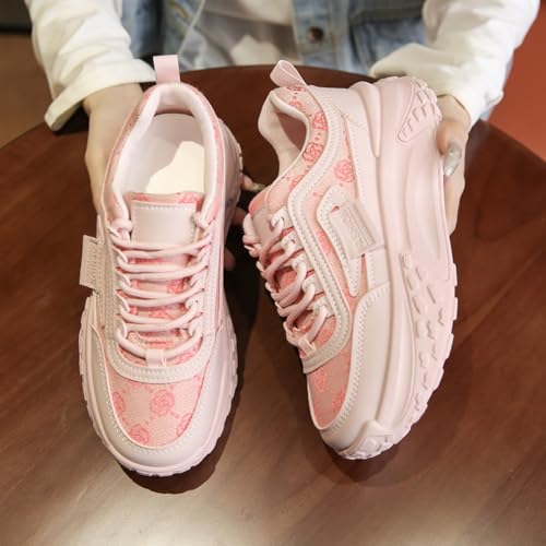 Chunky Platform Sneakers for Women,Cute Fashion Walking Dad Shoes,Black Pink and Beige2