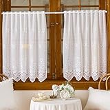 Huierxun 2 Panels Lace Kitchen Tier Curtains 35 Inch Length, Sheer Scalloped Floral Embroidered Small Cafe Curtain, Light Filtering Short Curtains for Living Room Bathroom (White,35'x35')