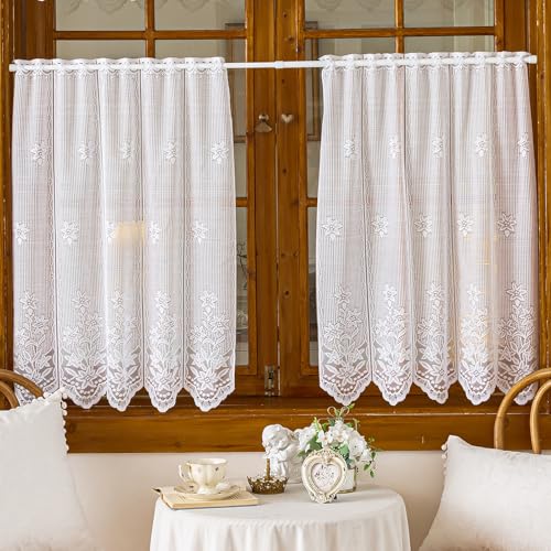 Huierxun 2 Panels Lace Kitchen Tier Curtains 35 Inch Length, Sheer Scalloped Floral Embroidered Small Cafe Curtain, Light Filtering Short Curtains for Living Room Bathroom (White,35"x35")