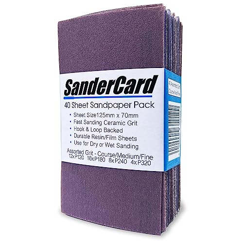 40 Assorted Grit Sandpaper Sheets 125mm x 70mm | Fast Sanding Ceramic Grit | Hook & Loop | Fits Sanding Blocks | Sand Wood, Paint & Metal | Dry or Wet | Fine, Med & Coarse Grits P120/ P180/ P240/ P320
