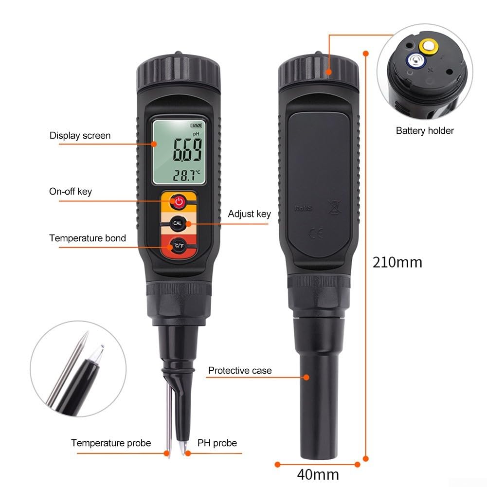 Digitales Boden-pH-Messgerät 3-in-1 mit Temperatur- und Feuchtigkeitstest für Gartenpflanzen, Gemüse, Obst, Brot, Milchprodukte, geeignet für Lebensmittel und Pflanzenpflege