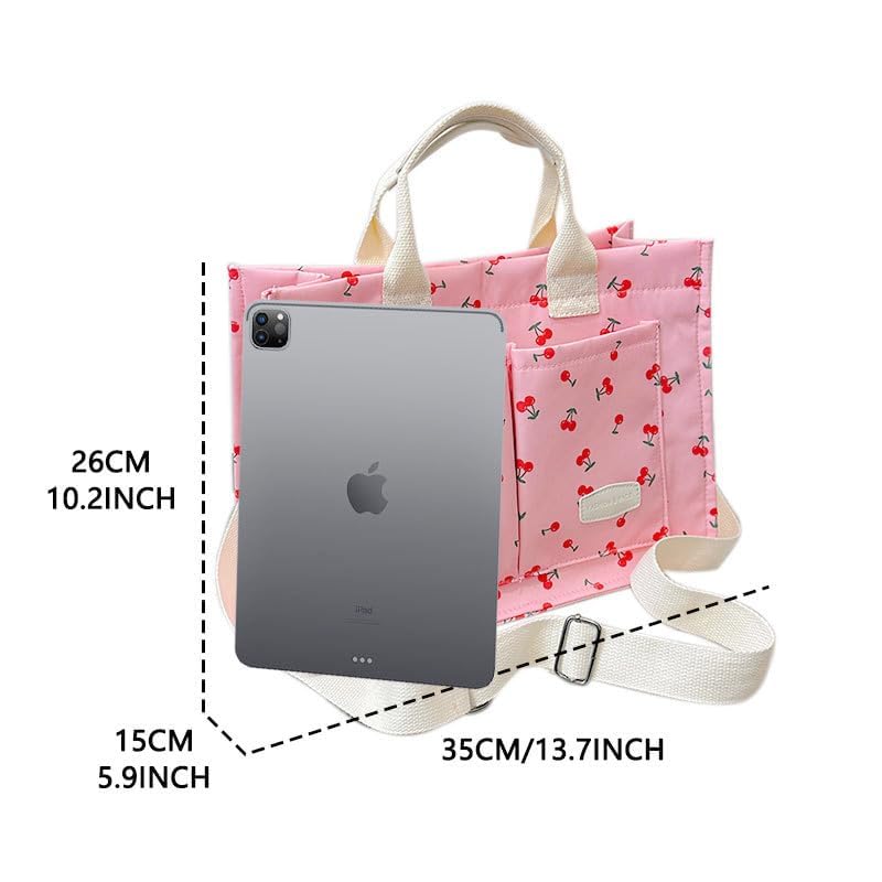 Image of Cherry Tote Bag for Women Canvas Patched Purse Cute Shoulder Bag Multi-Pocket Satchel Handbag for work travel