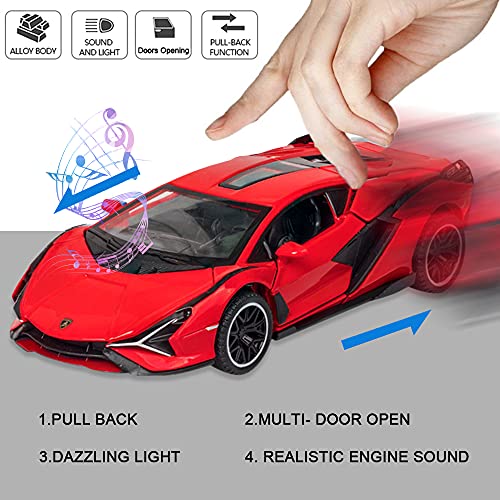 Diecast Toy Car Sian Fkp37 Sports Model Car,Zinc Alloy Simulation Casting Pull Back Vehicles,1:32 Scale Supercar Toys With Lights And Music Sound For Toddlers Kids Children Boys Girls Gift (Red) #TOP2
