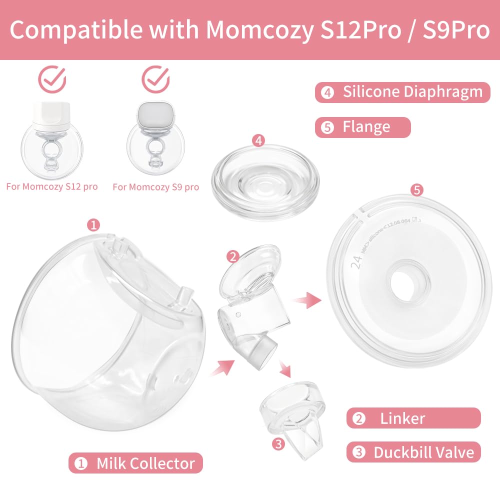 Zestaw 2 kubków do mleka kompatybilnych z laktatorem Momcozy S12 Pro/S9 Pro, zawiera kolektor na mleko, zawór kaczy, kołnierz, membranę, spoiwo