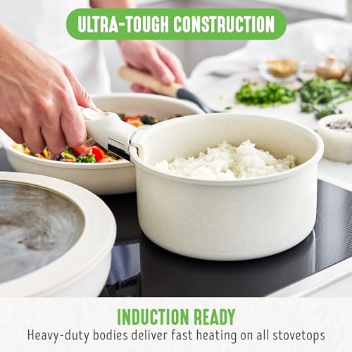 GreenLife 10 Piece Nonstick Pots & Pans Set, Detachable Handle & Stackable Cookware Set, Non Toxic PFAS-Free Skillets, Induction Kitchen Pans, Space Saving, Serving Bowls, Oven Safe, Speckled Cream by GreenLife - Image 4