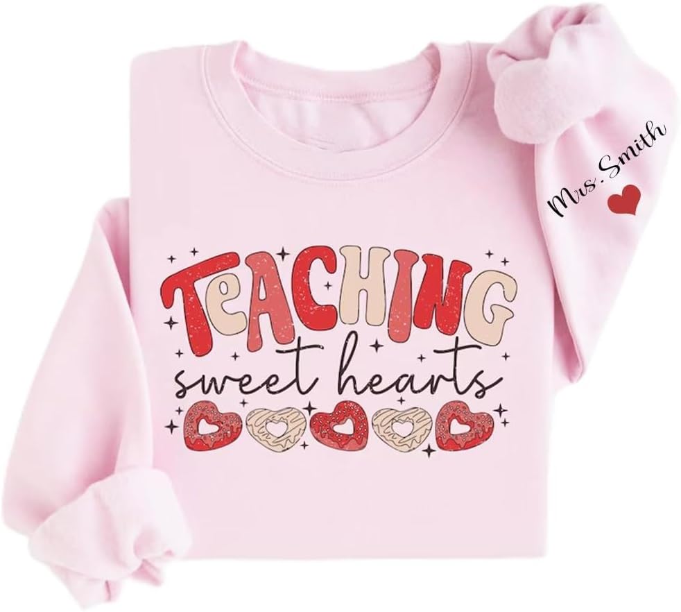 IZI POD Personalized Valentine Teacher Sweatshirt, Coquette Bow Design, Custom Name Sweater for Women, Valentine Gift