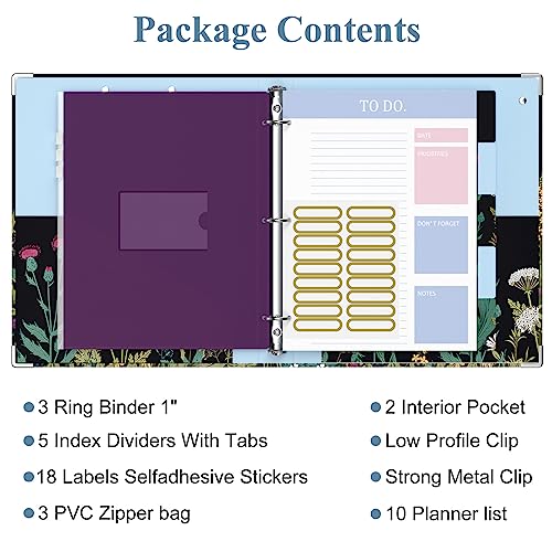 Image of 3 Ring Binder, 1 Inches Round Ring Binder with Clipboard, Dividers Tabs, PVC Zipper Bag Sleeves & to Do List Planners for Women, Men, School, Office Supplies, Wild Flower