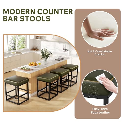 Image of Bar Stools Set of 6, 24in Counter Height Barstools, Faux Leather Counter Stools with Thick Square Seats & Sturdy Metal Base, Modern Bar Chairs for Kitchen Island (Green)