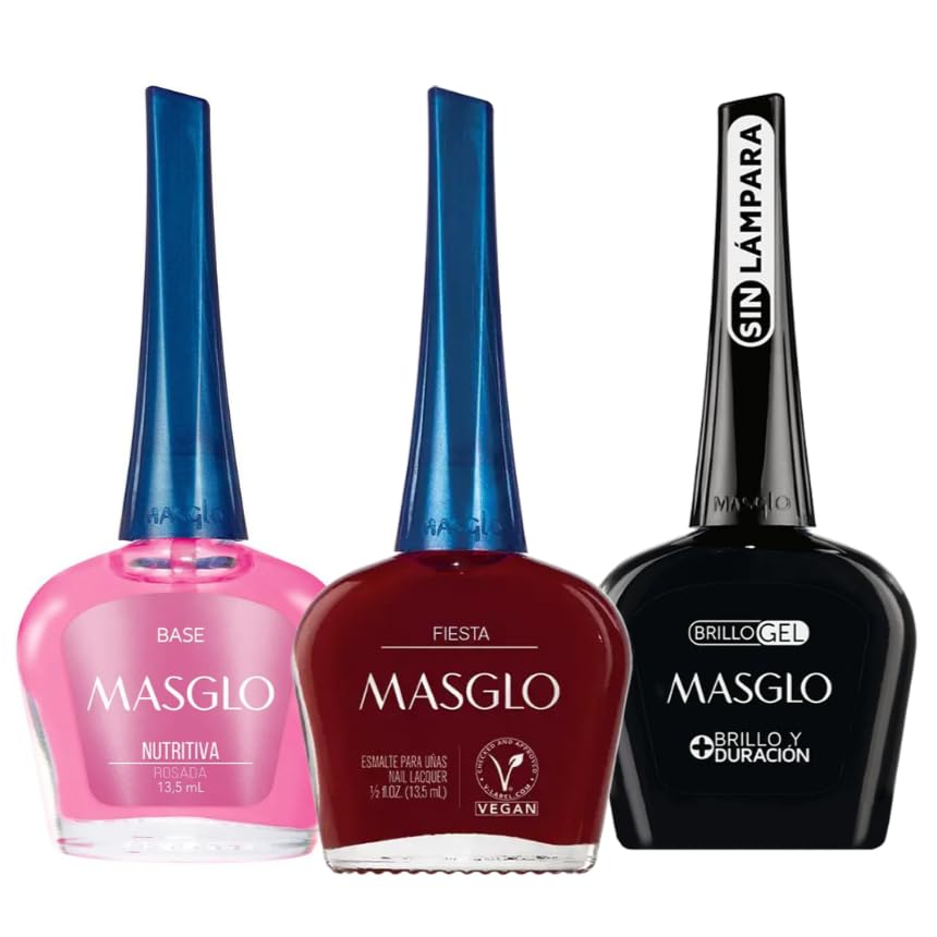 MASGLO Traditional Nail Polish 0.5 Fl. Oz. 3 piece kit with NUTRITIVE BASE, color FIESTA and TOPCOAT GEL