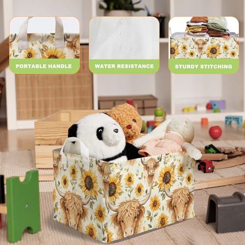 Image of Sunflower Highland Cow Storage Basket, Highland Cow Nursery Decor, Closet Shelf Organizer Baskets for Nursery Decor, Bathroom, Bedroom, Large Squarecanvas Laundry Hamper With Foldable