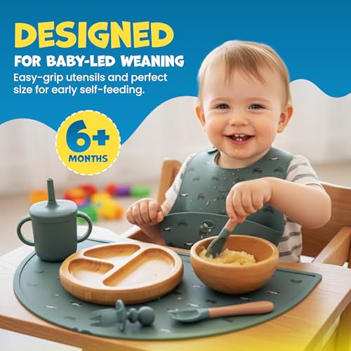 Bamboo & Silicone Baby Feeding Set 8 PCS | Baby Led Weaning Supplies Self Feeding | Divided Suction Plate Bowl Bib Sippy Cup with Straw Utensils Baby Bowls and Spoons Toddler Feeding Set (Pine Gray) - Image 4