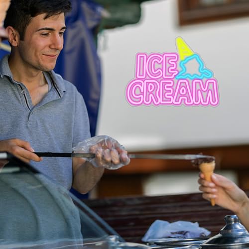 Image of Ice Cream Neon Sign, Neon Signs for Wall Decor, Yellow Blue Pink Light Up Sign Word LED Neon Sign USB Powered Neon Wall Signs for Bedroom Restaurant Cafe Drink Bar Business Ice Cream Shop