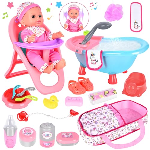 Set di accessori per baby doll: Questo set completo per il gioco della bambola contiene: 1 bambola vocalizzante, vestiti per bambole, 1 seggiolone per bambini, 1 set per bambini, 1 vasca da bagno e accessori per il bagno. Questo set di gioco per bambole permette al bambino di sperimentare il divertimento del gioco di ruolo.