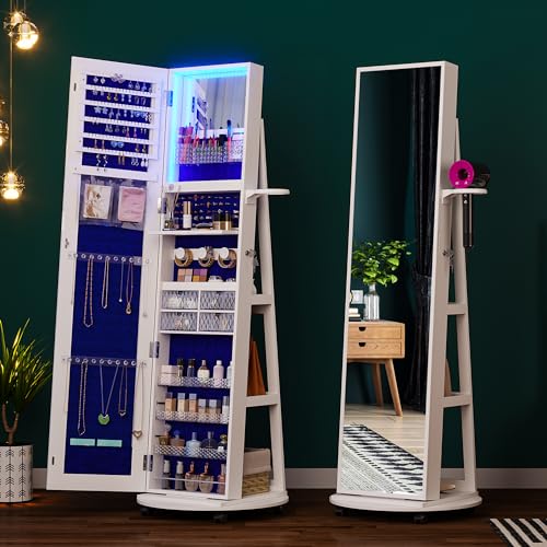 Image of HNEBC 360 Swivel Jewelry Armoire with Mirror, LED Mirror Jewelry Cabinet Standing, Full Length Mirror with Jewelry Storage, Standing Jewelry Organizer /Lockable Wheels /Foldable Makeup Shelf (A-White)