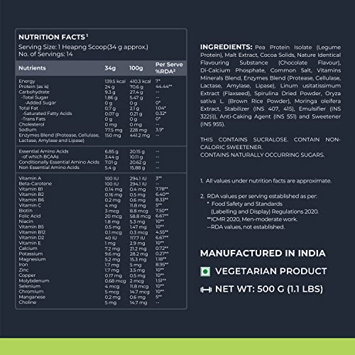 Image of Nutrabay Wellness Vegan Plant Protein Powder + Superfoods 24g Protein per Serving - Complete Amino Acid, Pea & Brown Rice, Sugarfree - 500g, Rich Chocolate | 100% Authentic Clean Protein