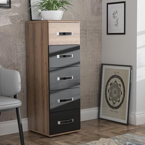 Forte Dolce 40 45 - Cómoda Estrecha con 5 cajones, Roble Barro/decoración de Roble Negro, 40,4 cm de Ancho x 117,6 cm de Alto x 41,3 cm de Profundidad