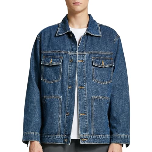 Image of Denim Jacket Men Vintage Autumn and Winter Tops Mens Denim Trucker Jacket