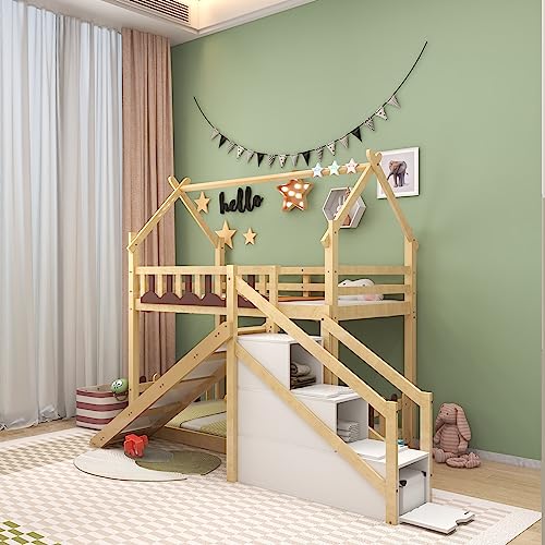 Letto A Castello 140x200 Cm Con Scivolo E Scala Con Cassetti | Grigio | Per Bambini E Ragazzi