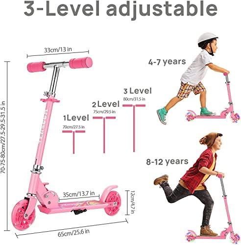 TENBOOM Scooter for Kids Ages 6-12/4-7, Easy Folding Kids Scooter with 3 Levels Adjustable Handlebar and Rear Brake, Light Up Scooter for Girls Boys
