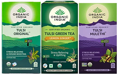 Image of Organic India Tulsi Green Tea Bags (Lemon Ginger), Mulethi, and Original - 25 Infusion Bags Each