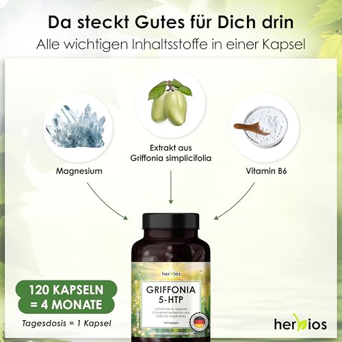 HERBIOS 5-HTP - 120 Kapseln für 4 Monate – 250 mg Griffonia-Extrakt mit Magnesium und Vitamin B6 – vegan, natürlich & laborgeprüft – Bild 4