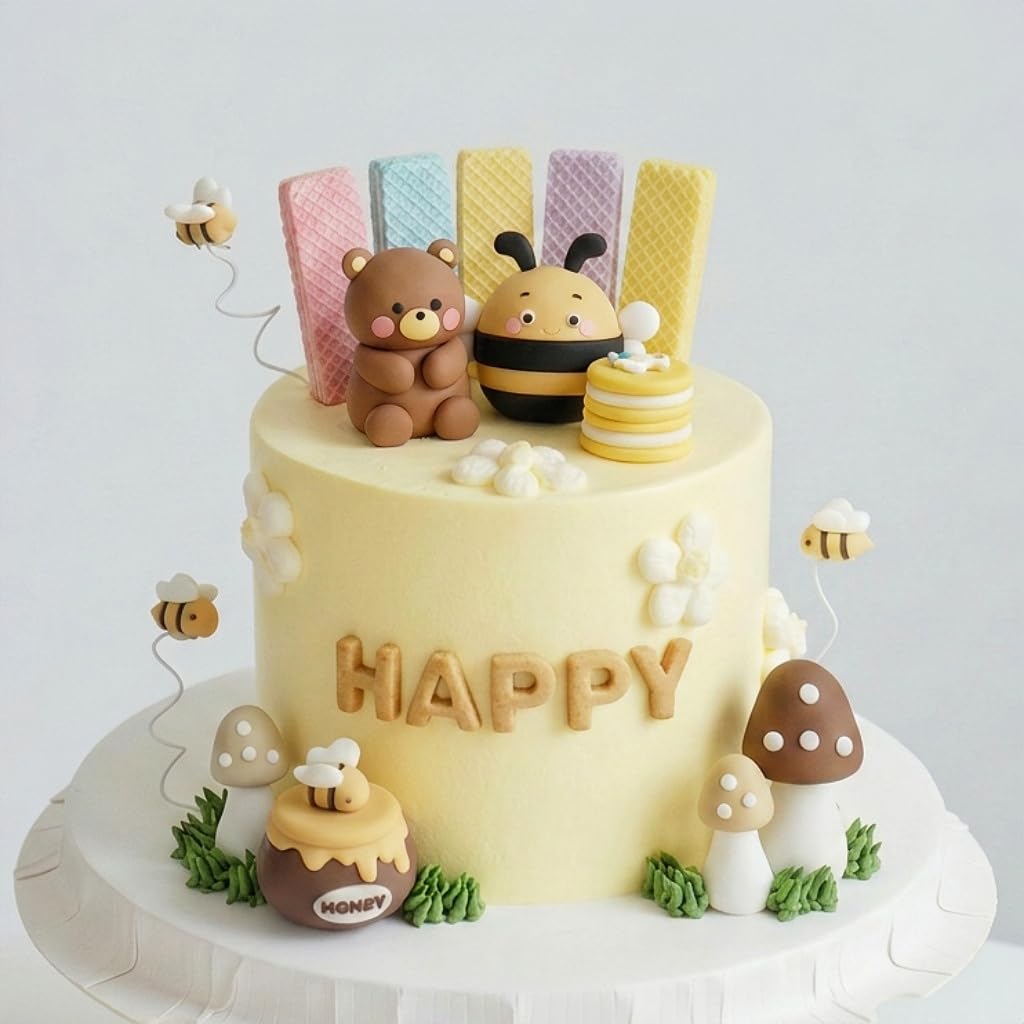 12Pcs Bear Bee Cake Toppers - Yellow Baby Shower Birthday Cake Decorations