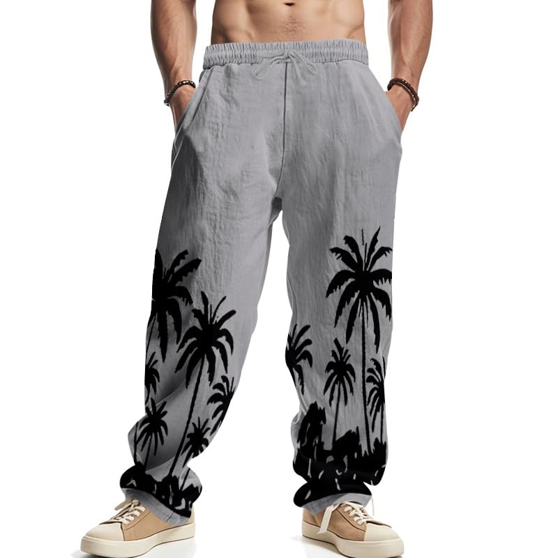 Men's Linen Pants Coconut Palm Print Pants Loose Straight Leg Drawstring Elastic Waist Trendy Outdoor Beach Trousers2