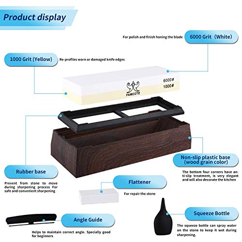 Image of FAMCUTE Japanese Chef Knife Set, Contains 8 inch Gyuto Knife /7 inch Nakiri Knife /7 inch Santoku knife /5 inch Utility knife And 1000 /6000 2 Side Grit Professional Sharpening Whetstone