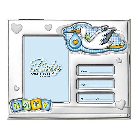 VALENTI & CO. Baby Baby Birth Baby Boy Table Photo Frame in Silver with Colorful Stork Detail and Personalised Birth Square, Baptism Gift or Birth List Cover