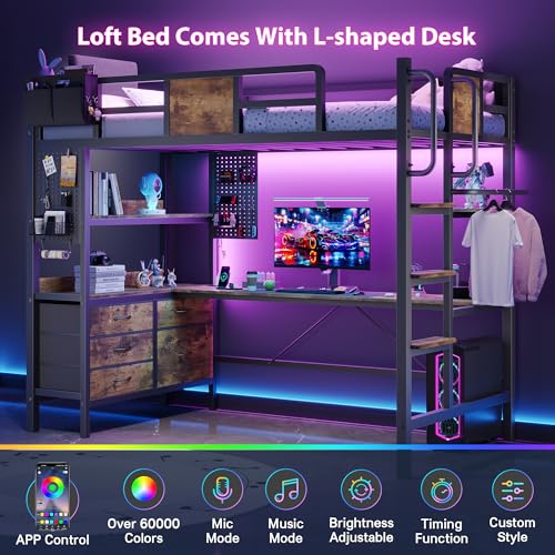 Image of Dnxao Loft Bed Twin Size with L-Shaped Desk and 5 Storage Drawers, LED Metal Twin Loft Bed for Teens & Adults, Space-Saving Workstation with Charging Station for Small Bedroom & Dorm, Rustic Brown